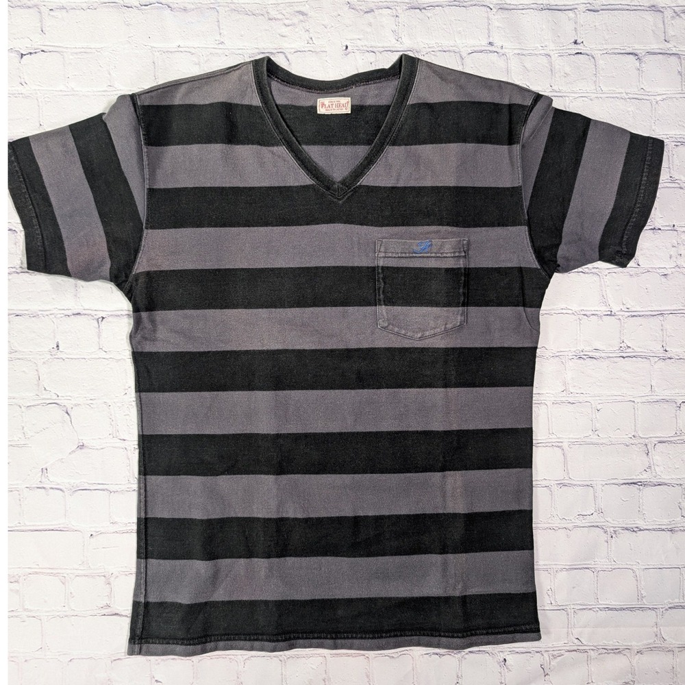 The Flat Head T-Shirt Mens 42 Cotton Black Grey Striped V-Neck Pocket Japan Made